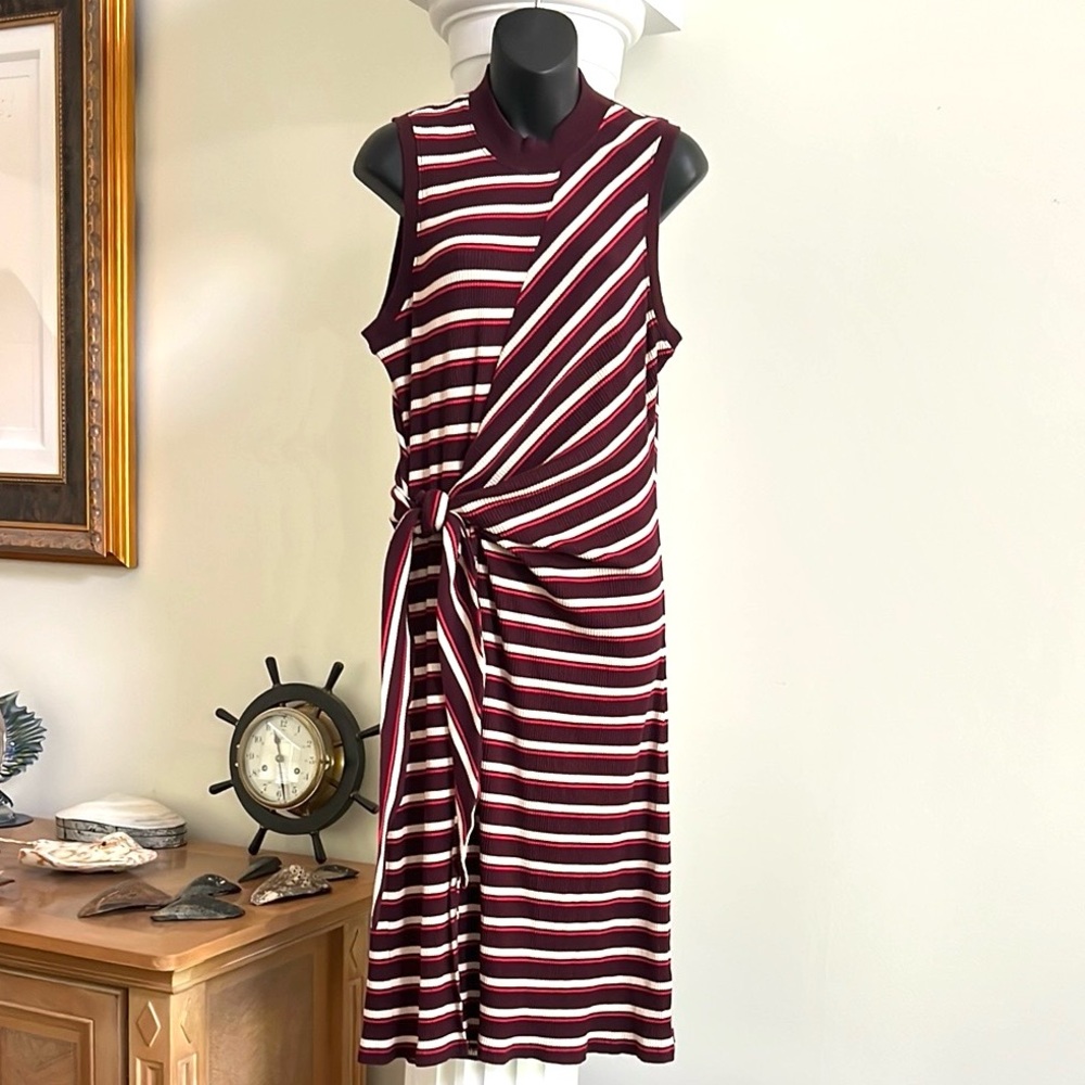 Kinly Striped Ribbed Knit Mock Neck Sleeveless Tie Waist MIDI Dress 👗 Large